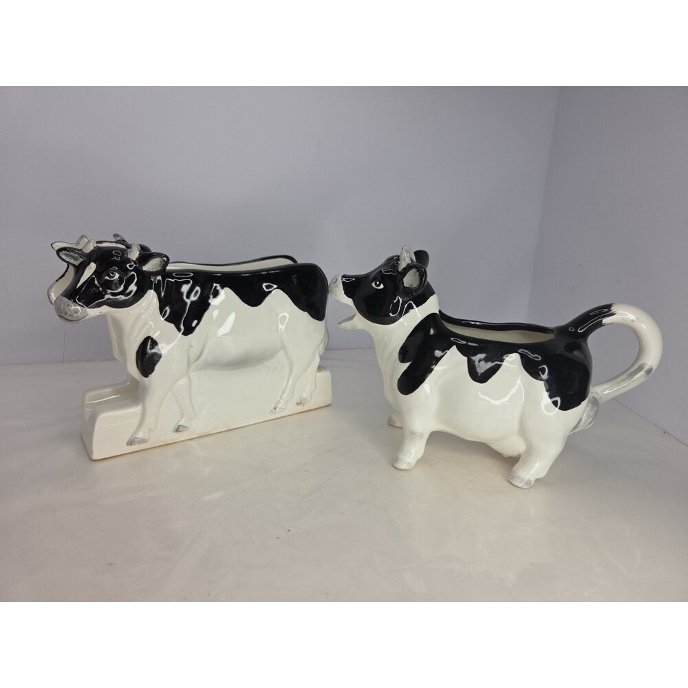 Vintage OTAGIRI Cow Creamer & Napkin Holder Black & White Hand Painted Set